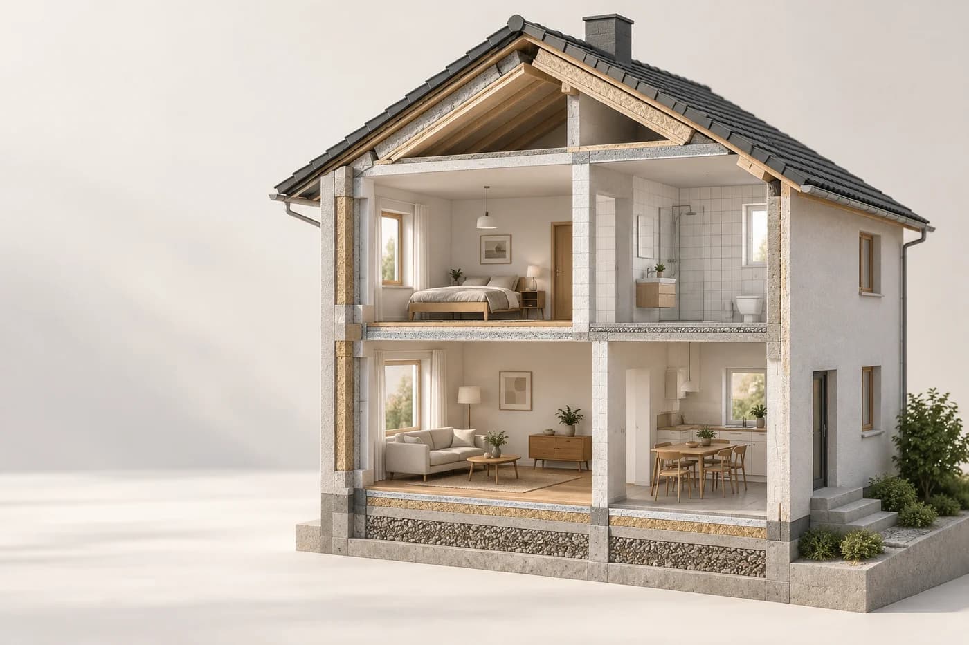 Illustrated cutaway model of a house showing roof, walls and floor layers
